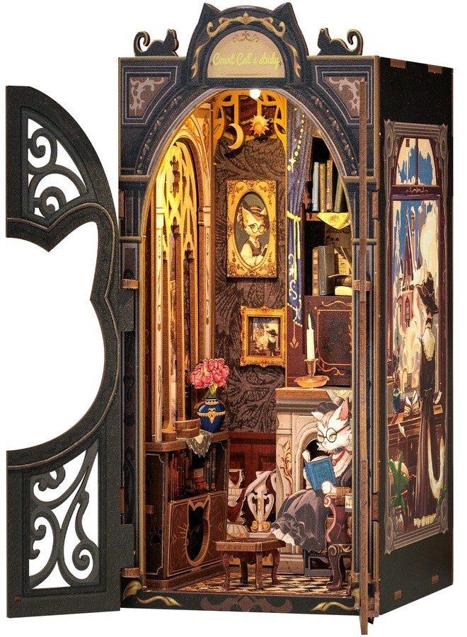 CUTEBEE Premium Bookcase Diorama Kit with LED Lighting - Renaissance Bookstore Miniature Made of Solid Wood, 3D Puzzle for Adults from 14 Years (Count Cat's Study) - Image 1